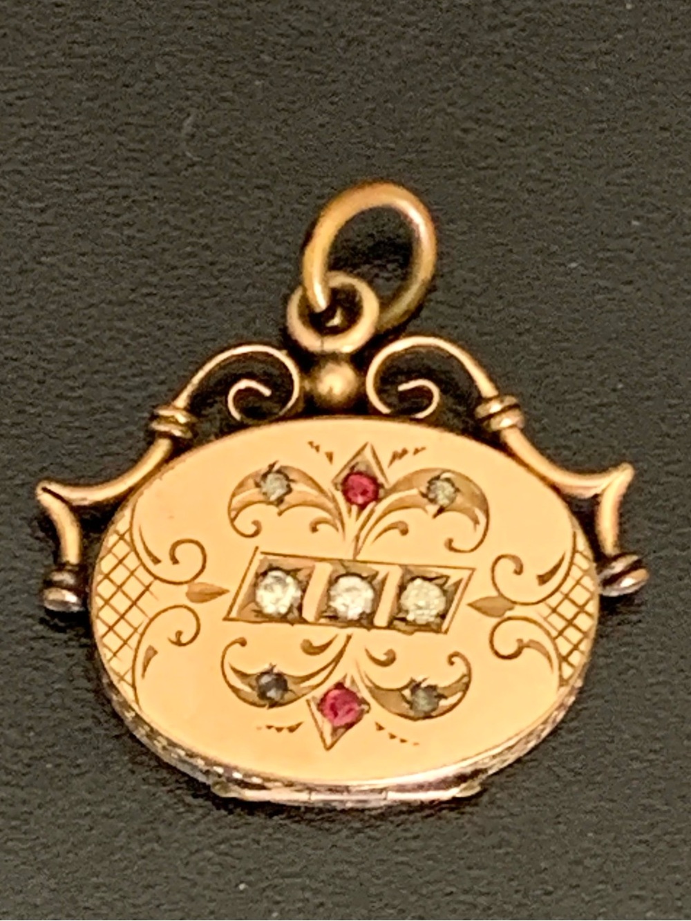 Antique J.M.F. & CO Gold Filled Victorian Locket - Hand Engraved Ruby & Paste